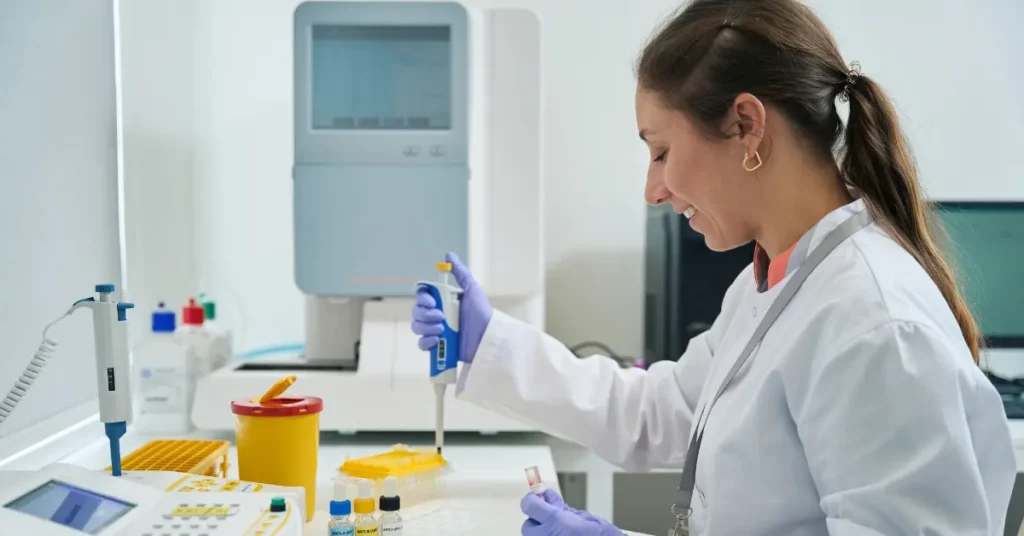 Scientist working in a laboratory with test tubes, focusing on best practices for managing email and mailing lists.