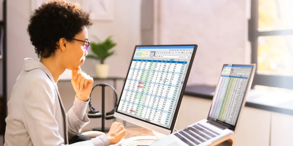 Healthcare professional working on laptops to build a comprehensive Chief Medical Officer email database for targeted marketing.