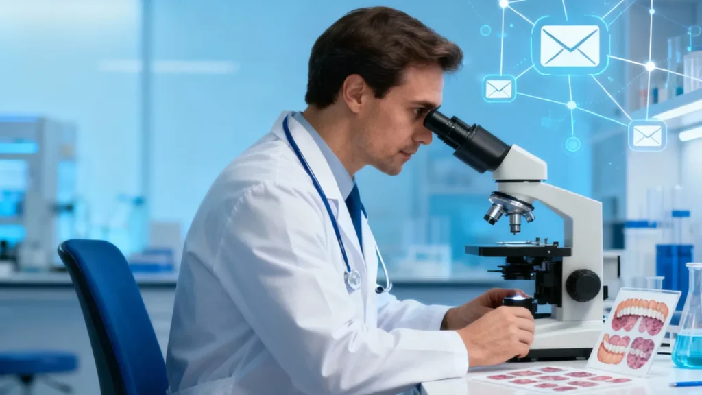 Oral pathology specialist examining tissue slides in a clinical lab with digital marketing icons representing targeted healthcare email campaigns