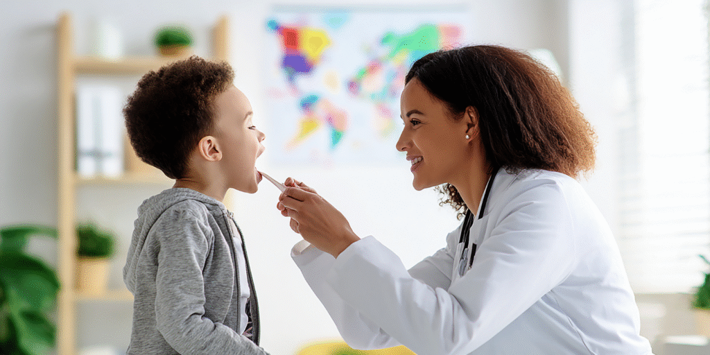 Pediatric dentist performing oral examination on child patient - Pediatric Dentist Email List for targeted healthcare marketing