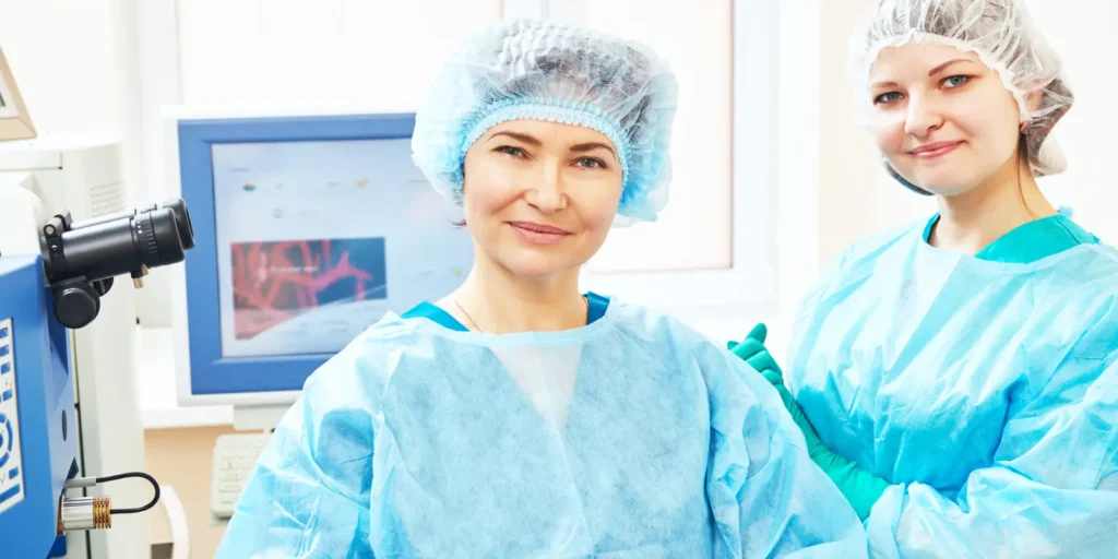 Two medical professionals in an operating room wearing surgical attire, representing anesthesiology specialists.