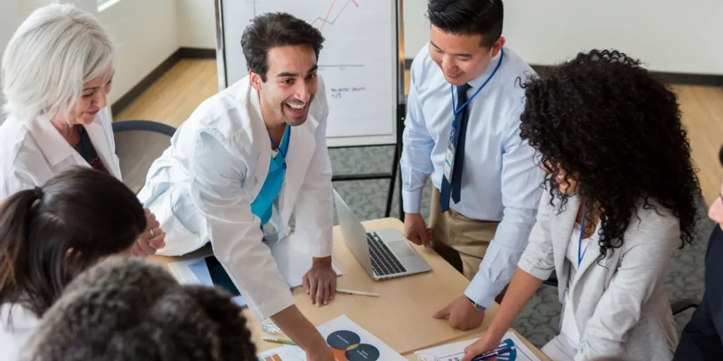 Team of healthcare executives collaborating during a strategy meeting, illustrating the hospital CEO email landscape.