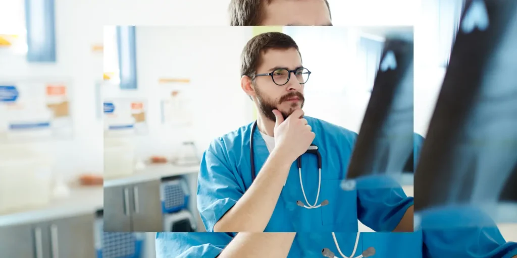 Radiologist analyzing medical scans on a computer in a hospital setting.