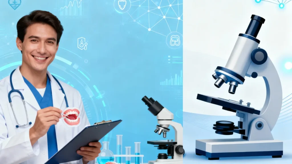 Smiling oral pathology specialist in a lab coat with digital healthcare and marketing icons in the background, representing targeted email campaigns