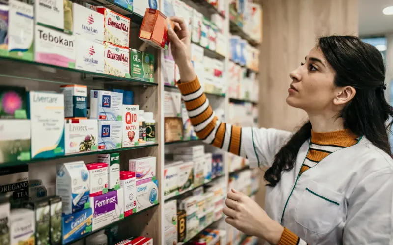 Pharmacy director reviewing medication stock on shelves in a retail pharmacy environment