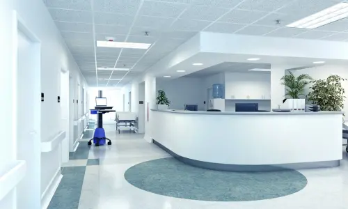 Modern hospital lobby showcasing verified global hospital email list and mailing database by Research Captive