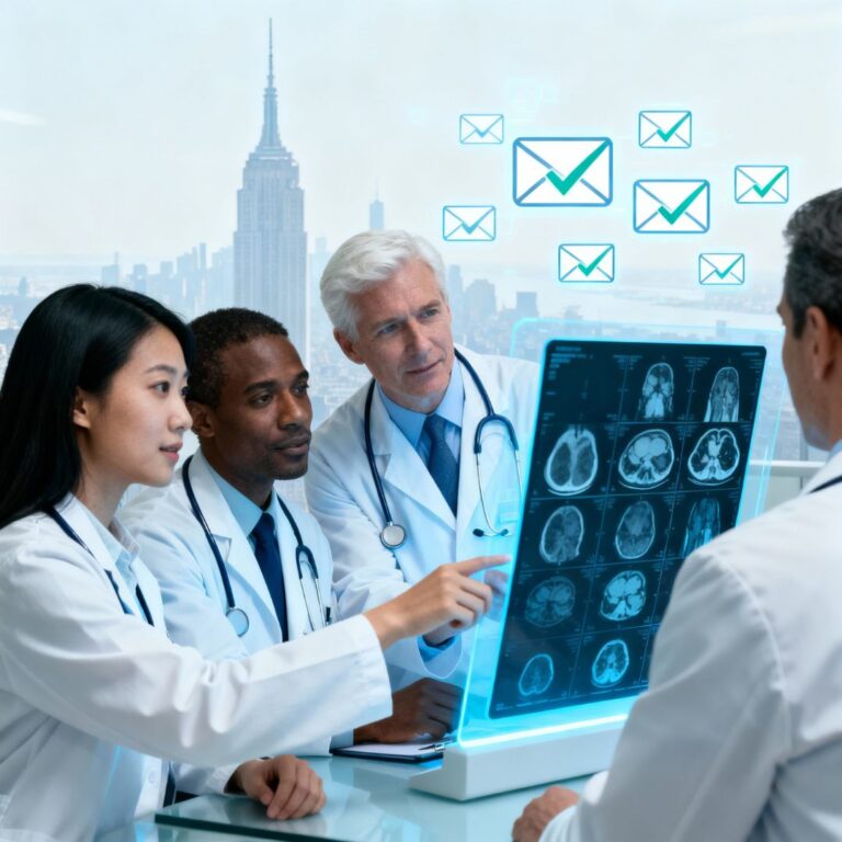 Diverse group of radiologists in New York reviewing brain scans with email icons, representing a verified radiologist email list for NY healthcare marketing.