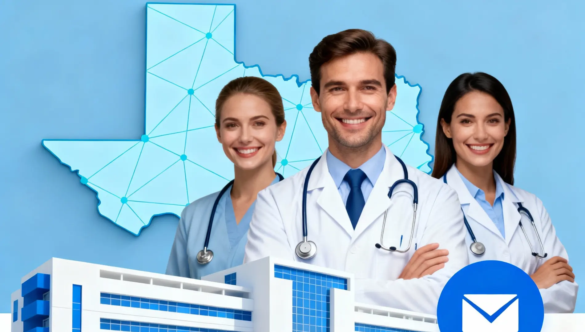 Diverse group of doctors reviewing radiology scans with a Texas map and digital email icons in the background, representing Texas radiologists email list.