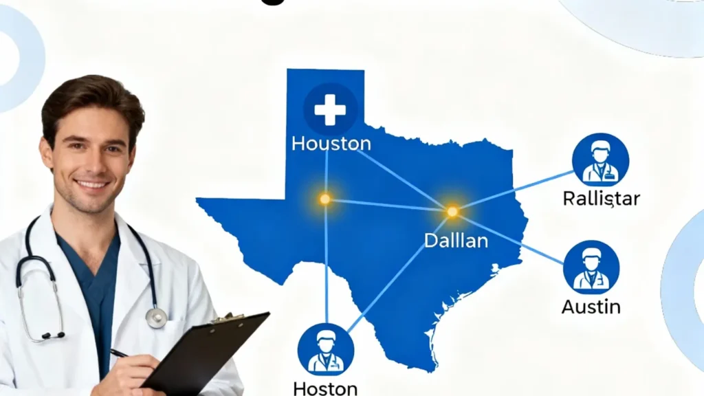 Texas Radiologists Email List with doctor and Texas map highlighting Houston, Dallas, Austin for targeted healthcare marketing outreach.