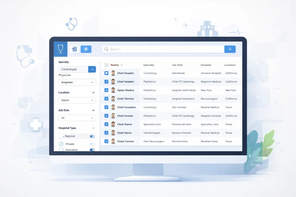 Healthcare email list dashboard with medical filters